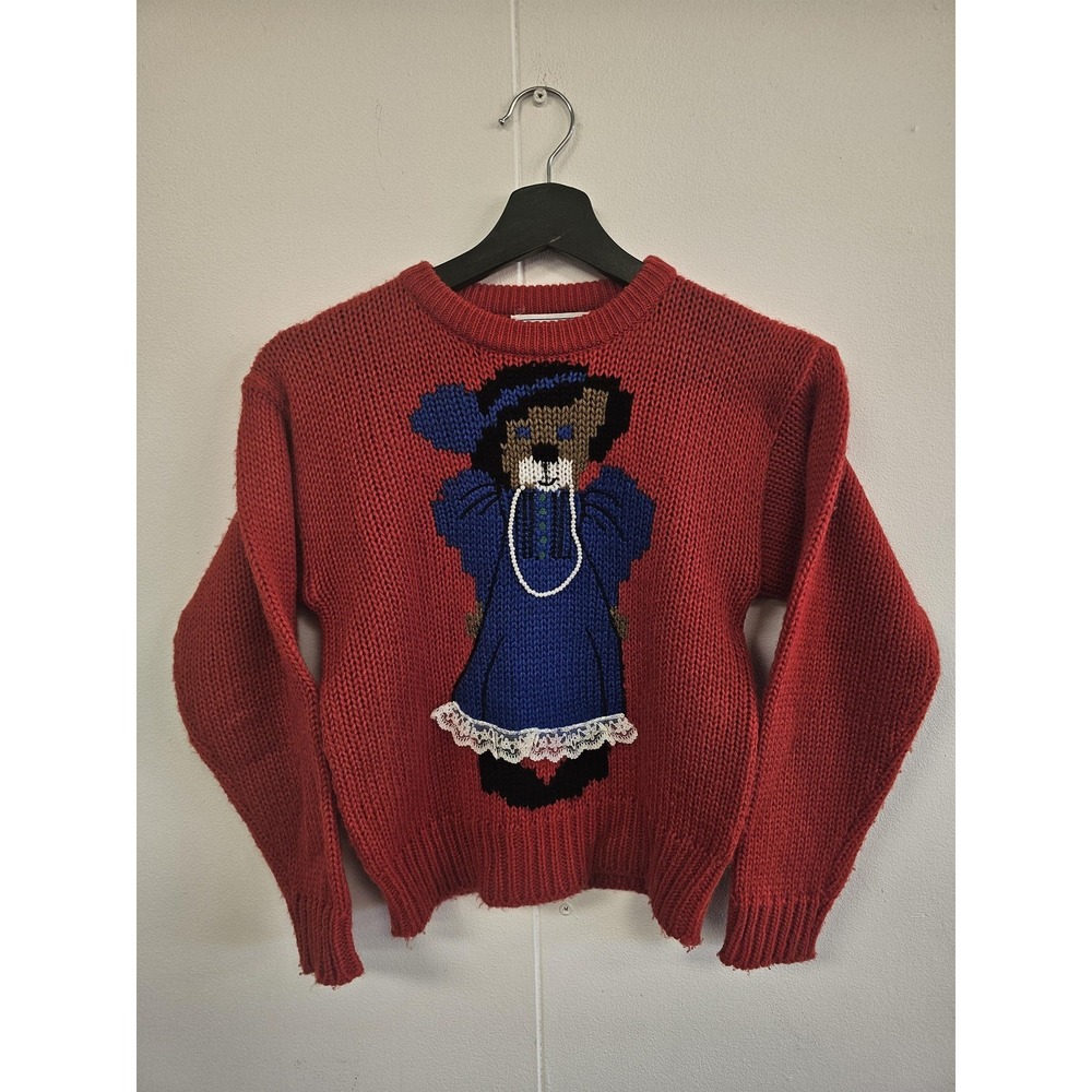 Vintage‎ The Eagle's Eye Sweater Girls 4 Red Teddy Bear Lace Knit Pullover 80s